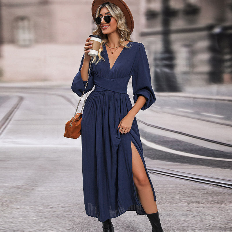 Damen Maxikleid V-Ausschnitt Langärmlig Elegantes Abendkleid