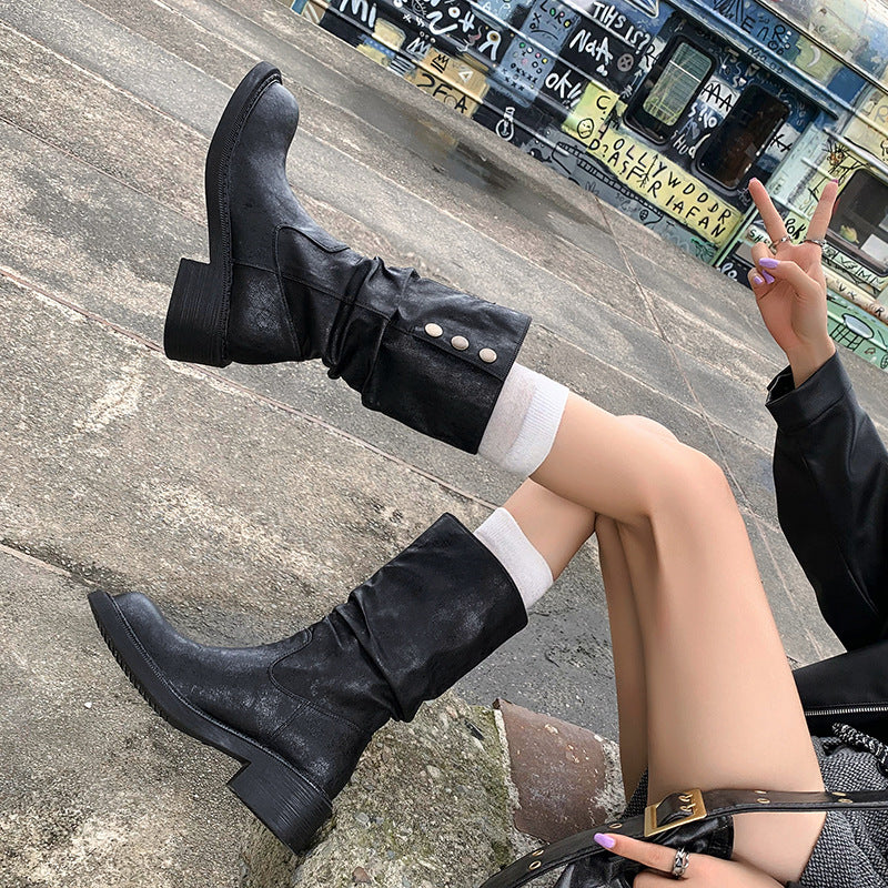 Damen Stiefel Geraffter Schaft Dekorative Knöpfe Wintermode