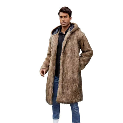 Herren Kunstfellmantel mit Kapuze Luxus Wintermantel