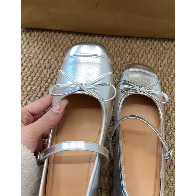 Damen Ballerinas Schleifen Design Metallic Luxus