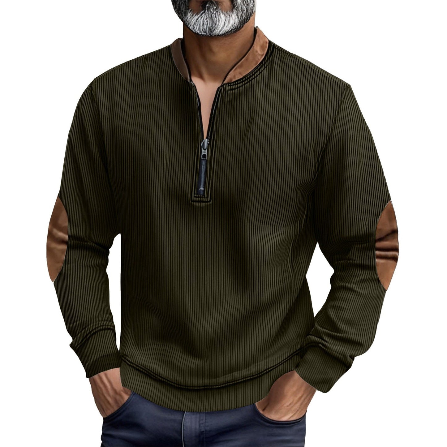 Herren Pullover Stehkragen Leder Einsätze Modern