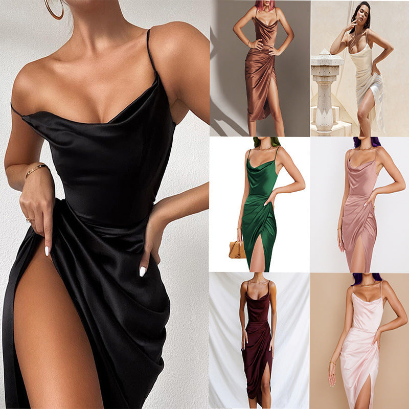 Damen Cocktailkleid Elegant Satin Figurformend Hochschlitz - BerlinGlamour