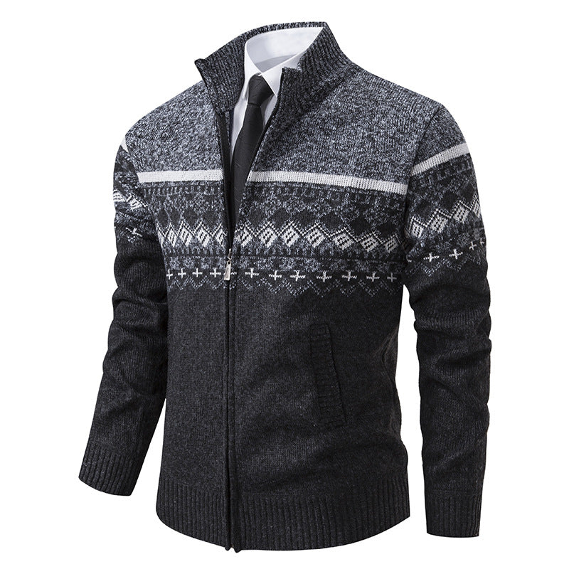 Herren Strickjacke Stehkragen Norweger Muster Warm