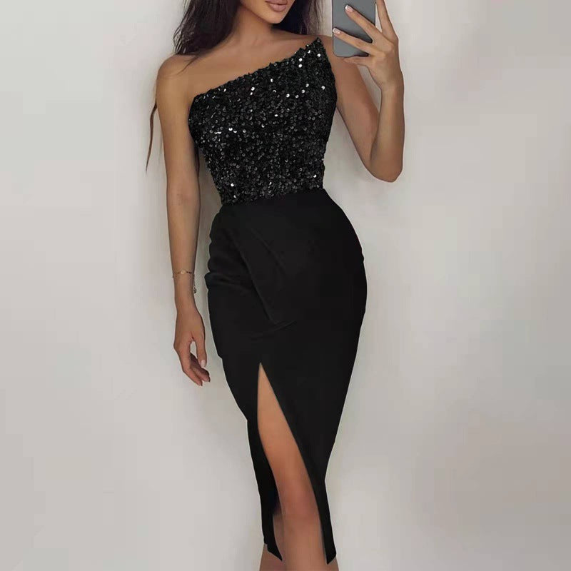 Damen Abendkleid Pailletten Asymmetrisch Elegant
