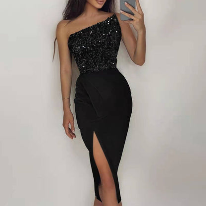 Damen Abendkleid Pailletten Asymmetrisch Elegant