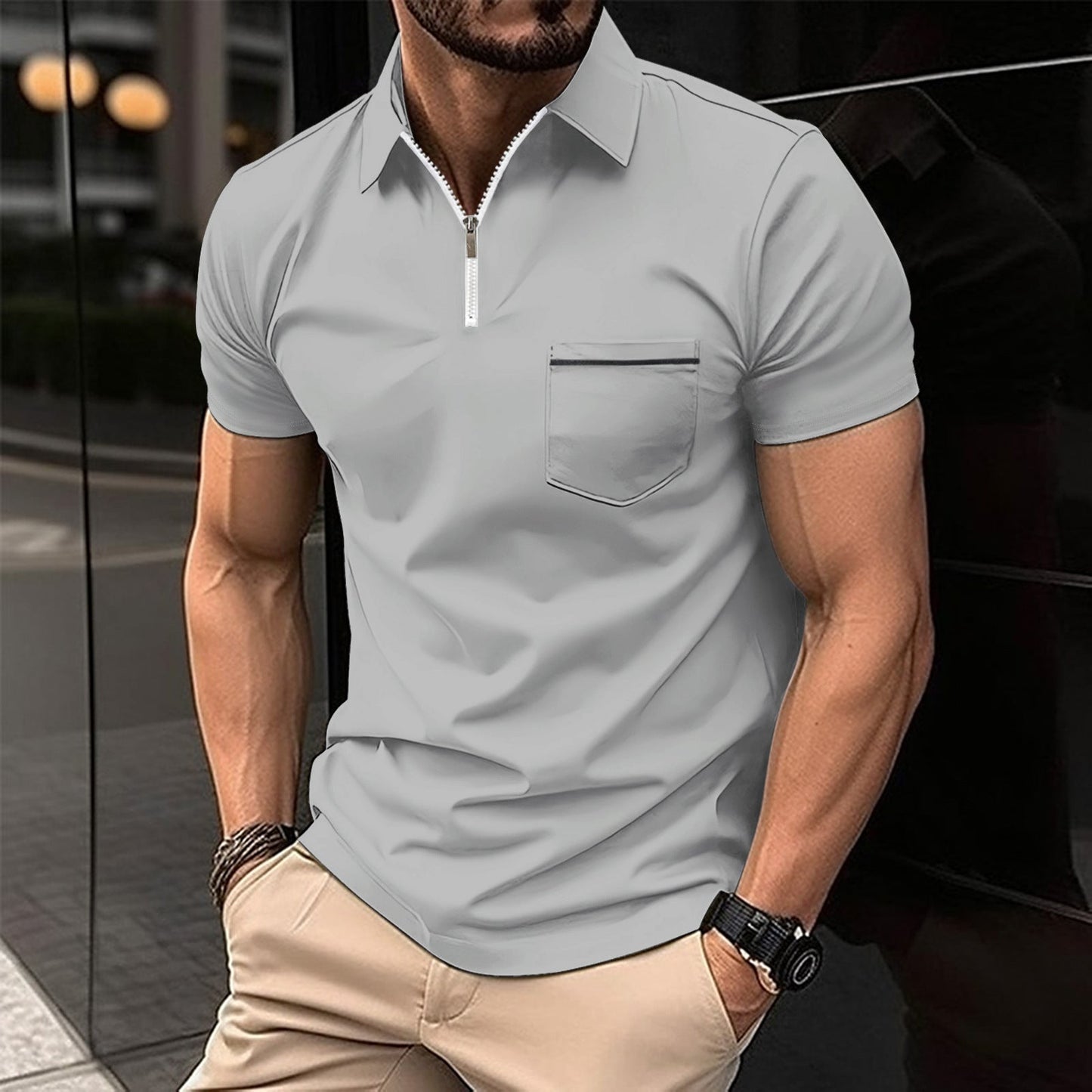 Herren Poloshirt Kurzarm mit Reißverschluss und Brusttasche Modern