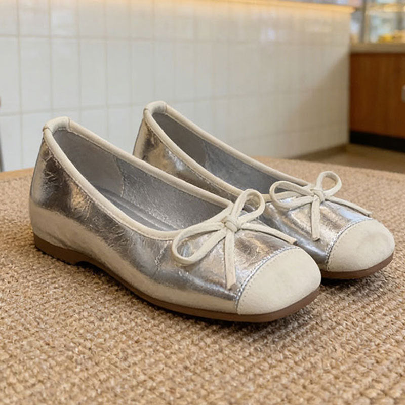 Damen Ballerinas Glänzend mit Schleife Elegant