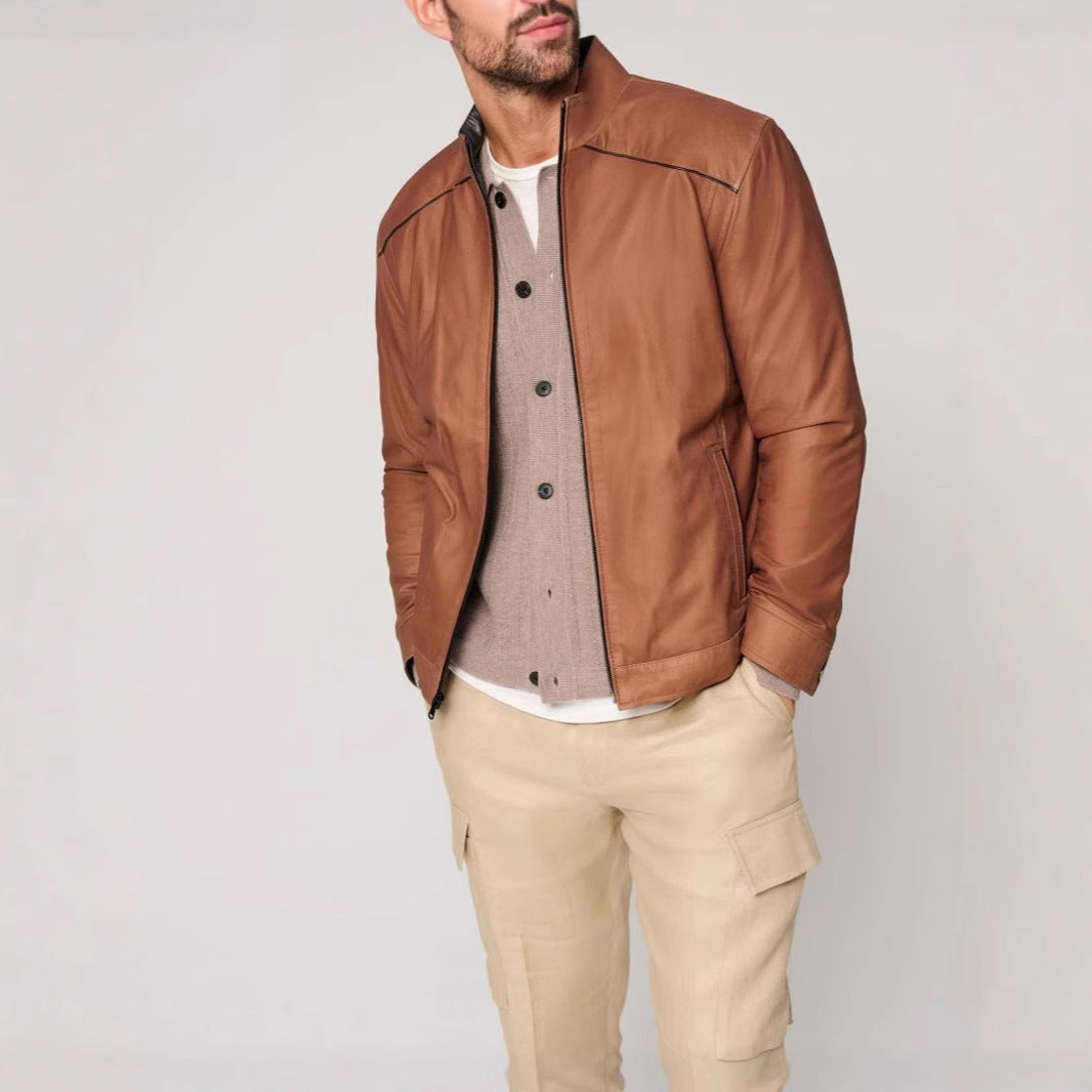 Herren Lederjacke Modern Stehkragen Elegante Optik