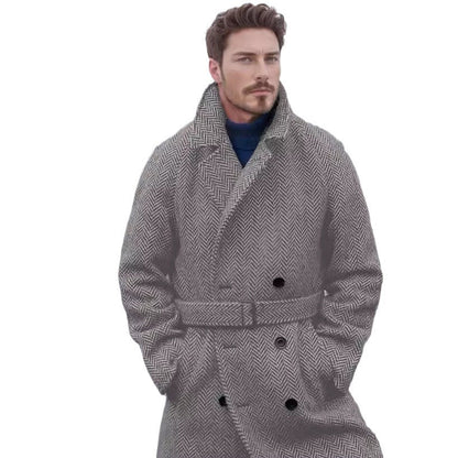 Herren Lodenmantel Doppelreihig Gürtel Modern Classic