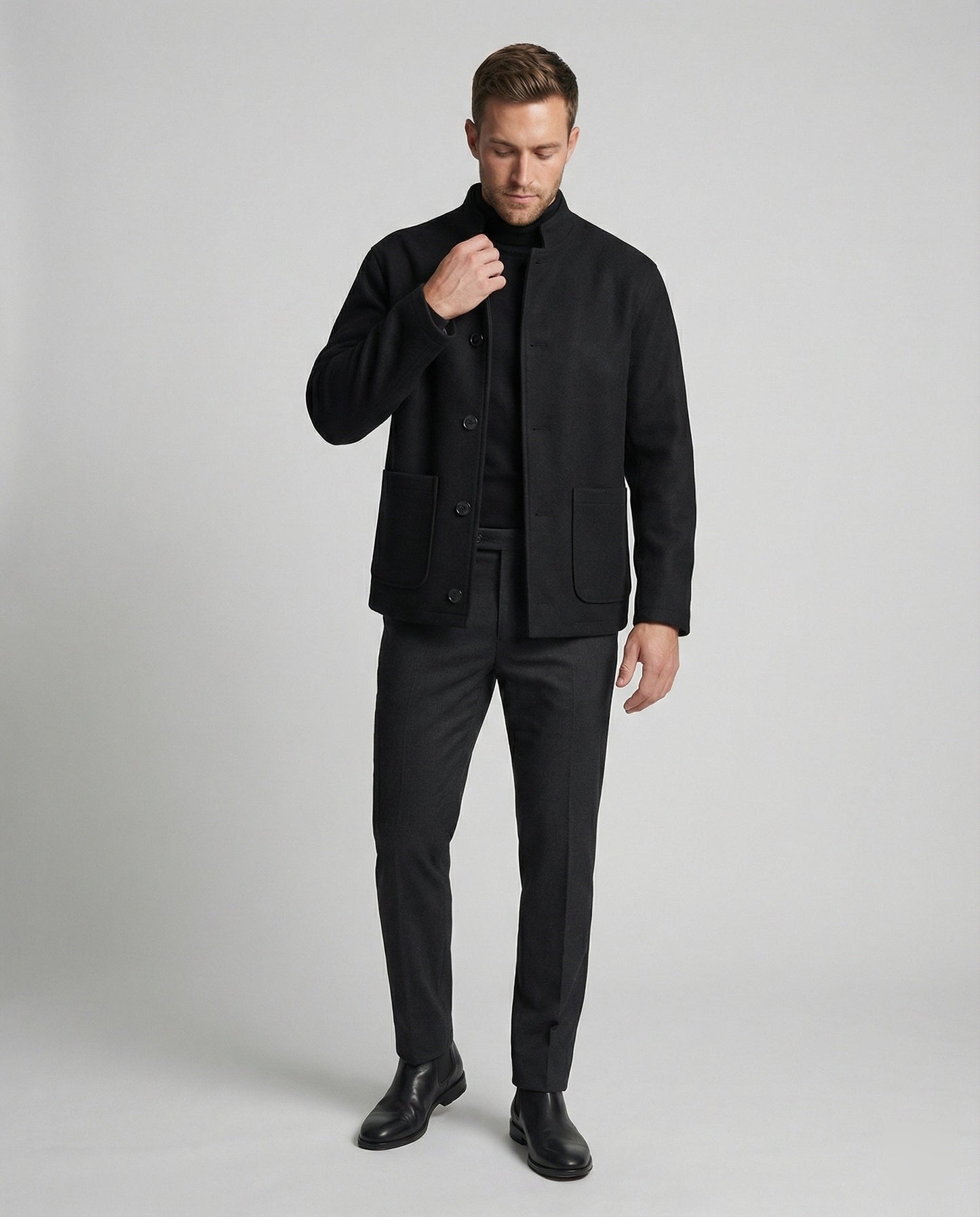 Herren Blazer Slim Fit Wollmix Rundhals Modern