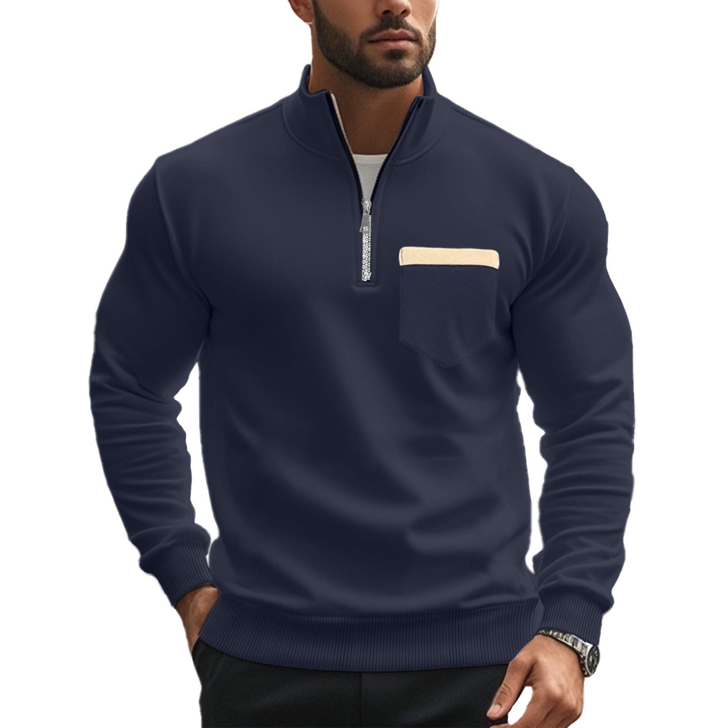 Herren Pullover Sportlich Reißverschluss Brusttasche