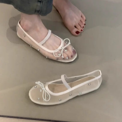 Damen Ballerinas Transparent Perlen Schmuck