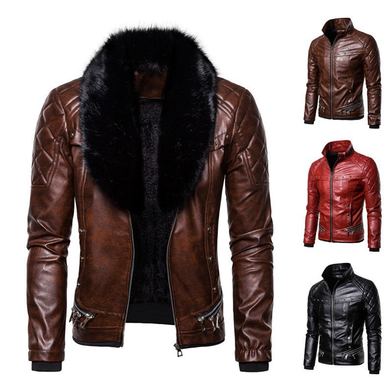 Lederjacke Herren Kunstleder mit Fellkragen Gesprenkelt Modern