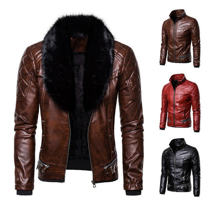 Lederjacke Herren Kunstleder mit Fellkragen Gesprenkelt Modern