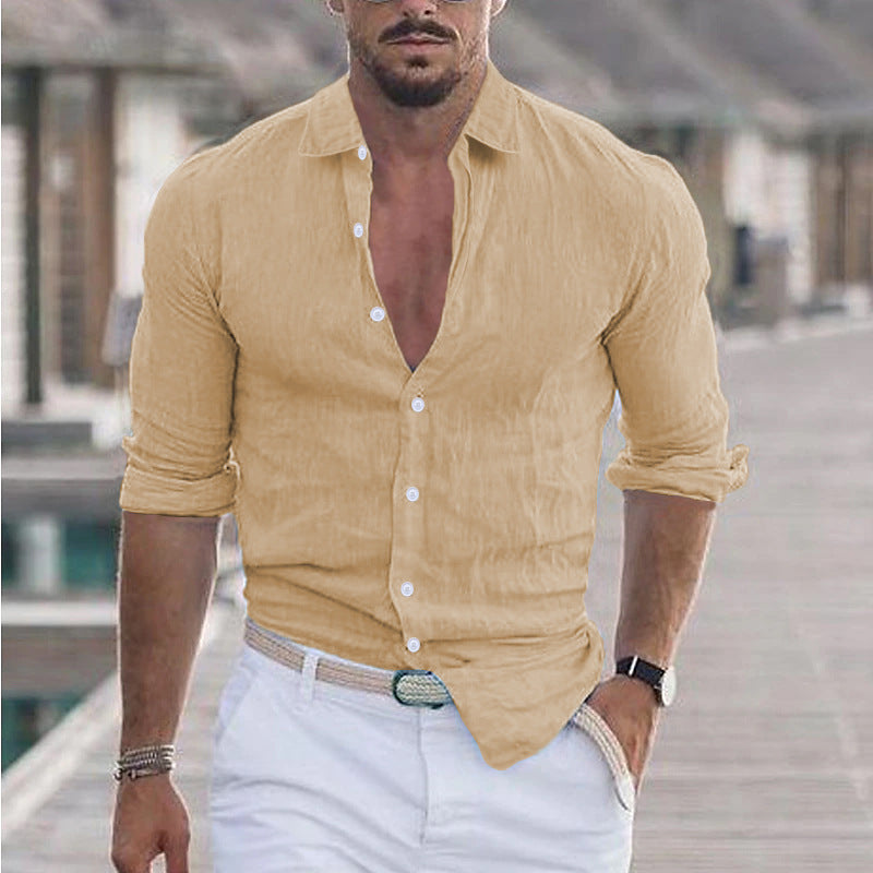 Herren Leinenhemd Lässig Elegant Knopffrei Sommer