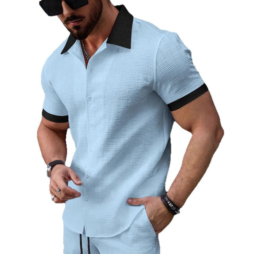 Herren Kurzarm-Hemd Modern mit Kontrastkragen und Struktur Optik