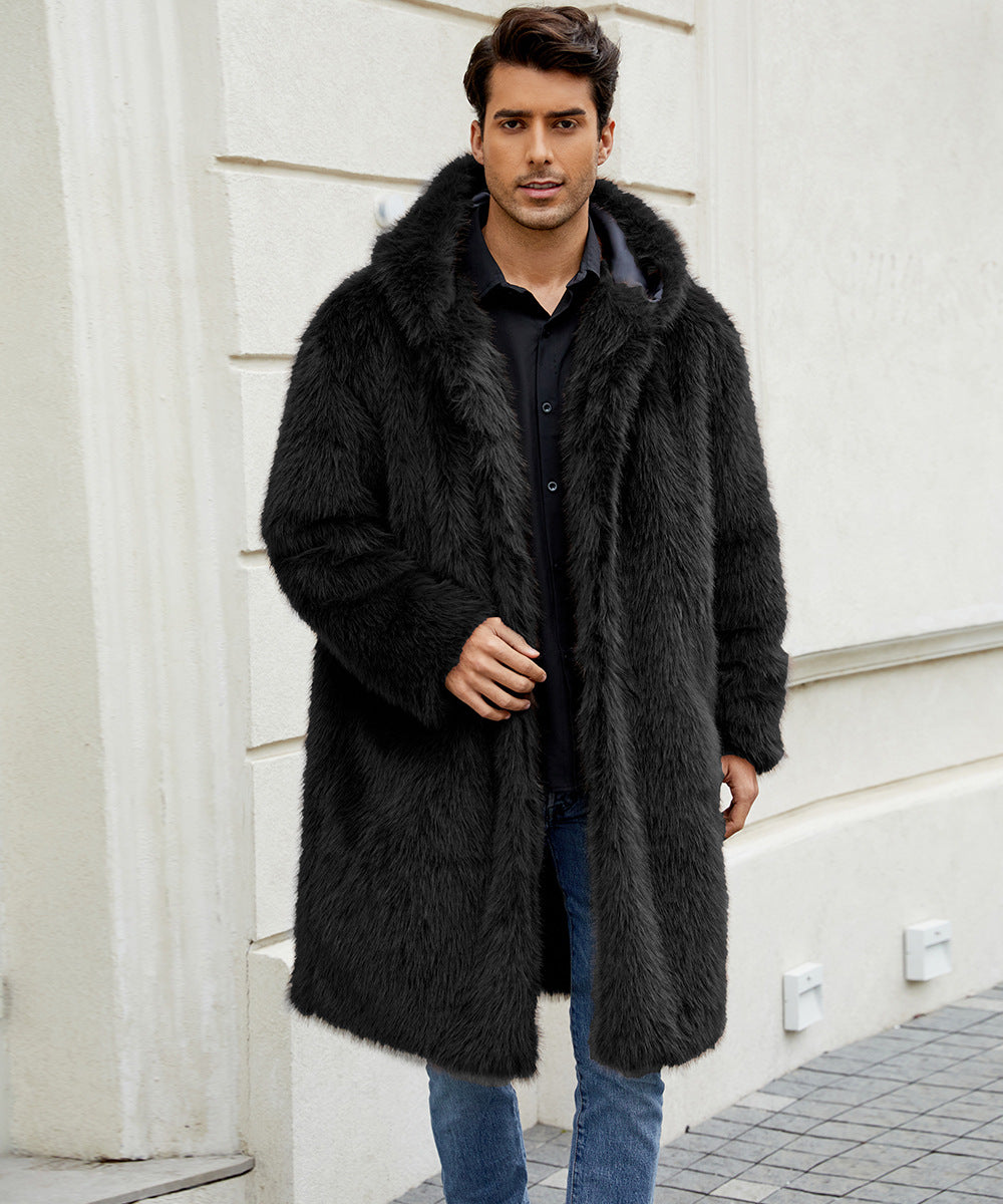 Herren Kunstfellmantel mit Kapuze Luxus Wintermantel