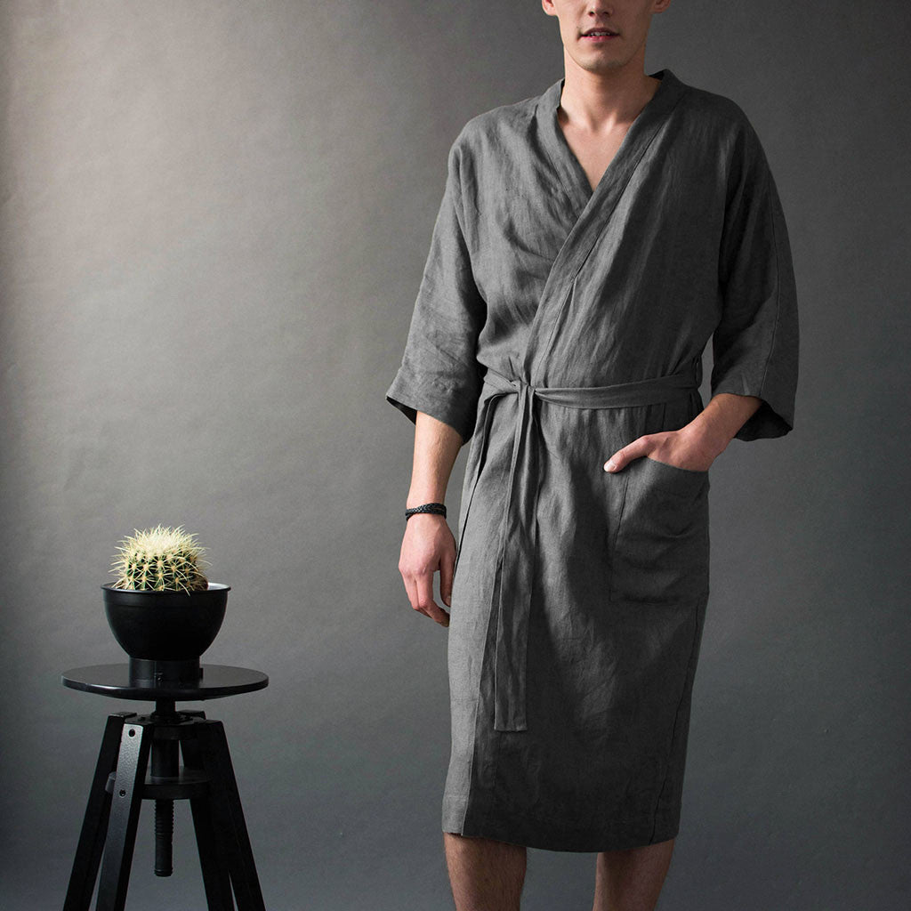 Herren Bademantel Leinen Bequem mit Taschen und Gürtel