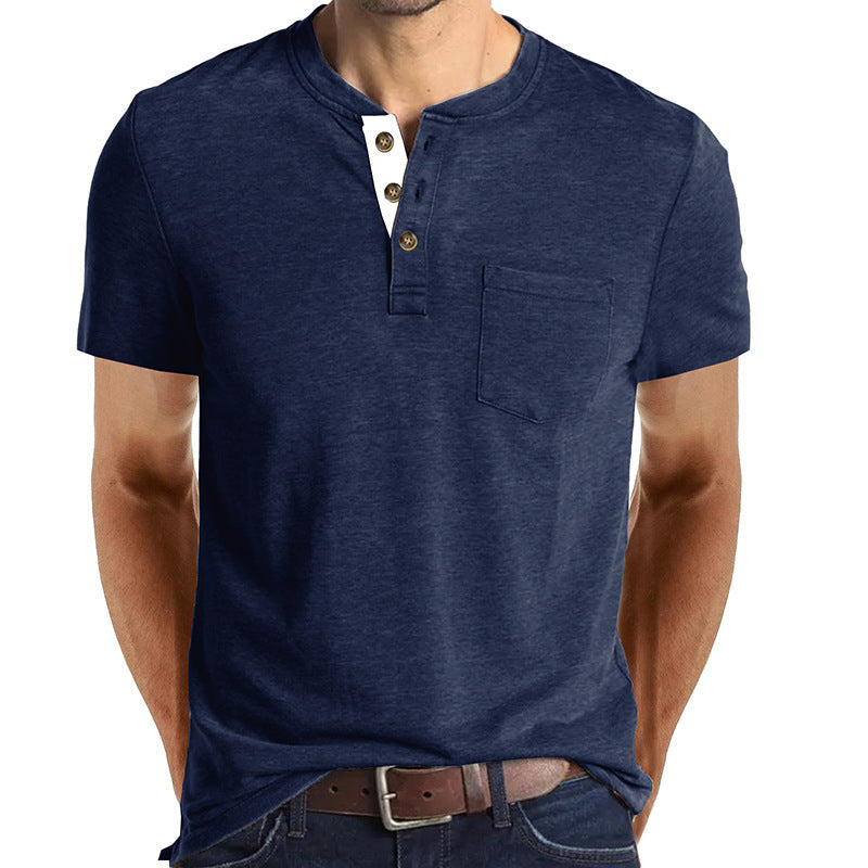 Herren T-Shirt Henley Style Knopfleiste Brusttasche Casual