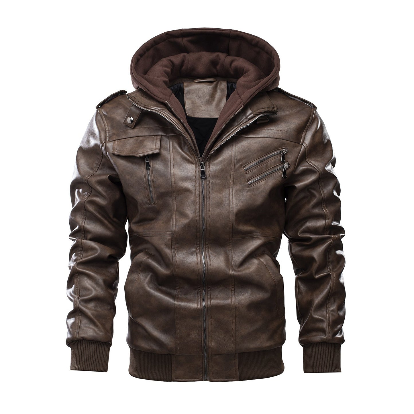 Lederjacke Herren Modern mit Kapuze Schwarz