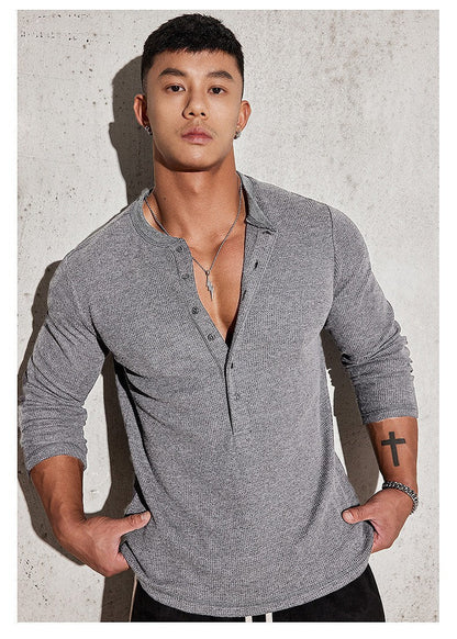 Herren Langarmshirt Modern Strukturiert Knöpfe Berlin Style