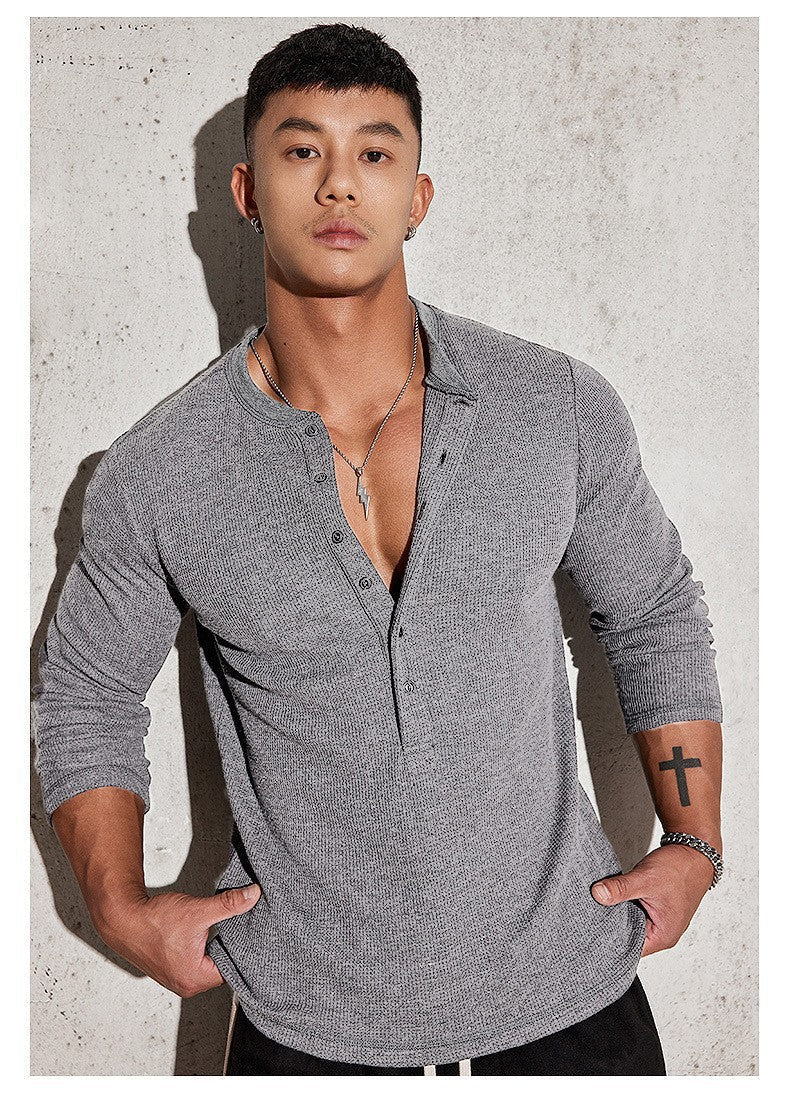 Herren Langarmshirt Waffelstruktur Modern mit Knöpfen