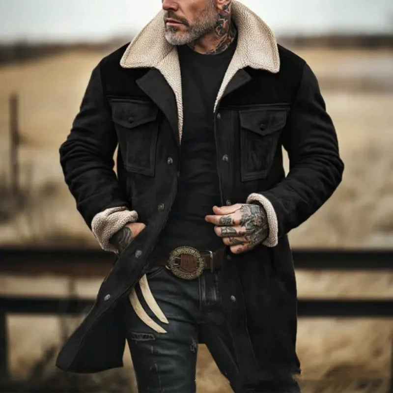 Herren Lederjacke Lang Teddyfutter Warme Winterjacke