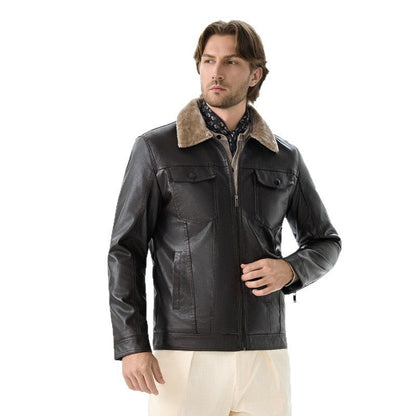 Herren Lederjacke Elegante Fleece Kragen Schwarz