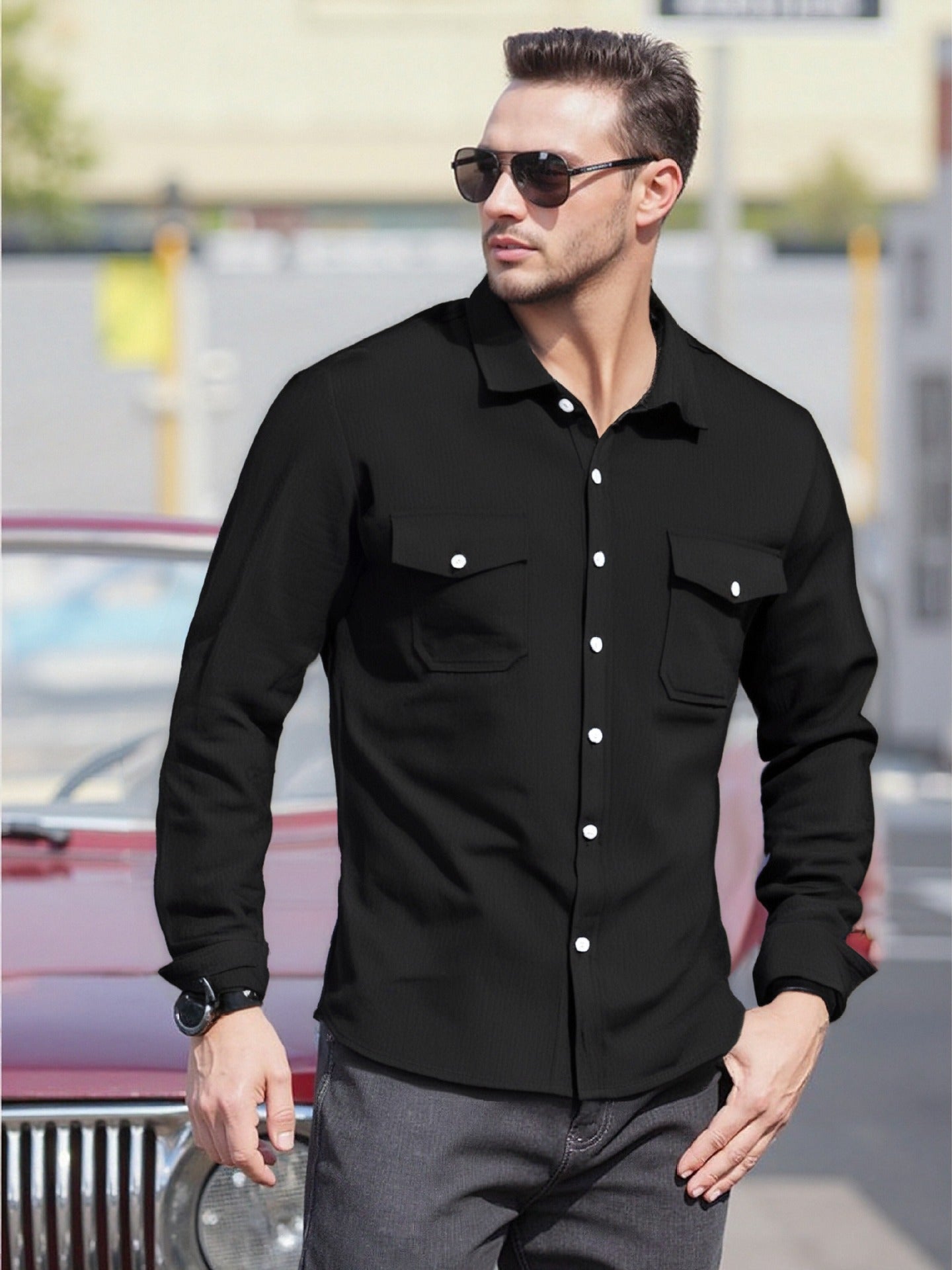 Herren Langarmhemd Modern mit Brusttaschen und Bequemem Schnitt