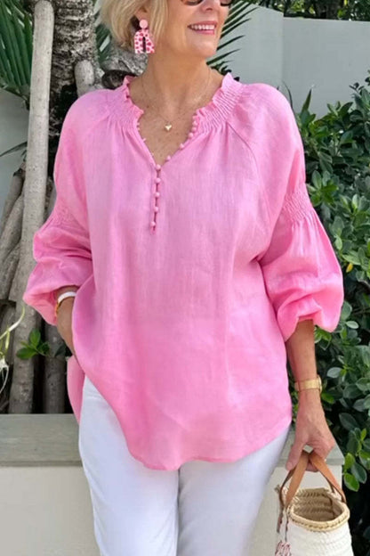 Damen Bluse Leicht Elastisch Puffärmel Knöpfe