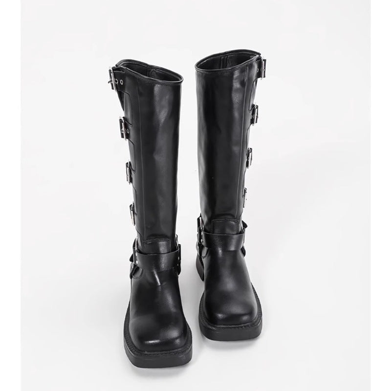 Damen Stiefel Schnalle Blockabsatz Robust Schwarz