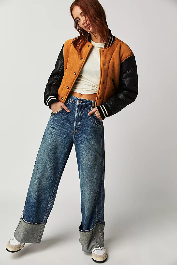 Damen Jeans Weite Bein Umgeschlagener Saum