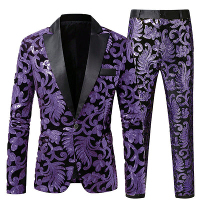 Herren Anzugset Pailletten mit Blumenmuster Elegant Schwarz