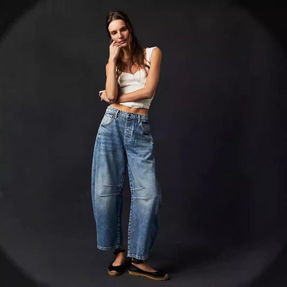 Damen Jeanshose Weite Bein Lässig Casual