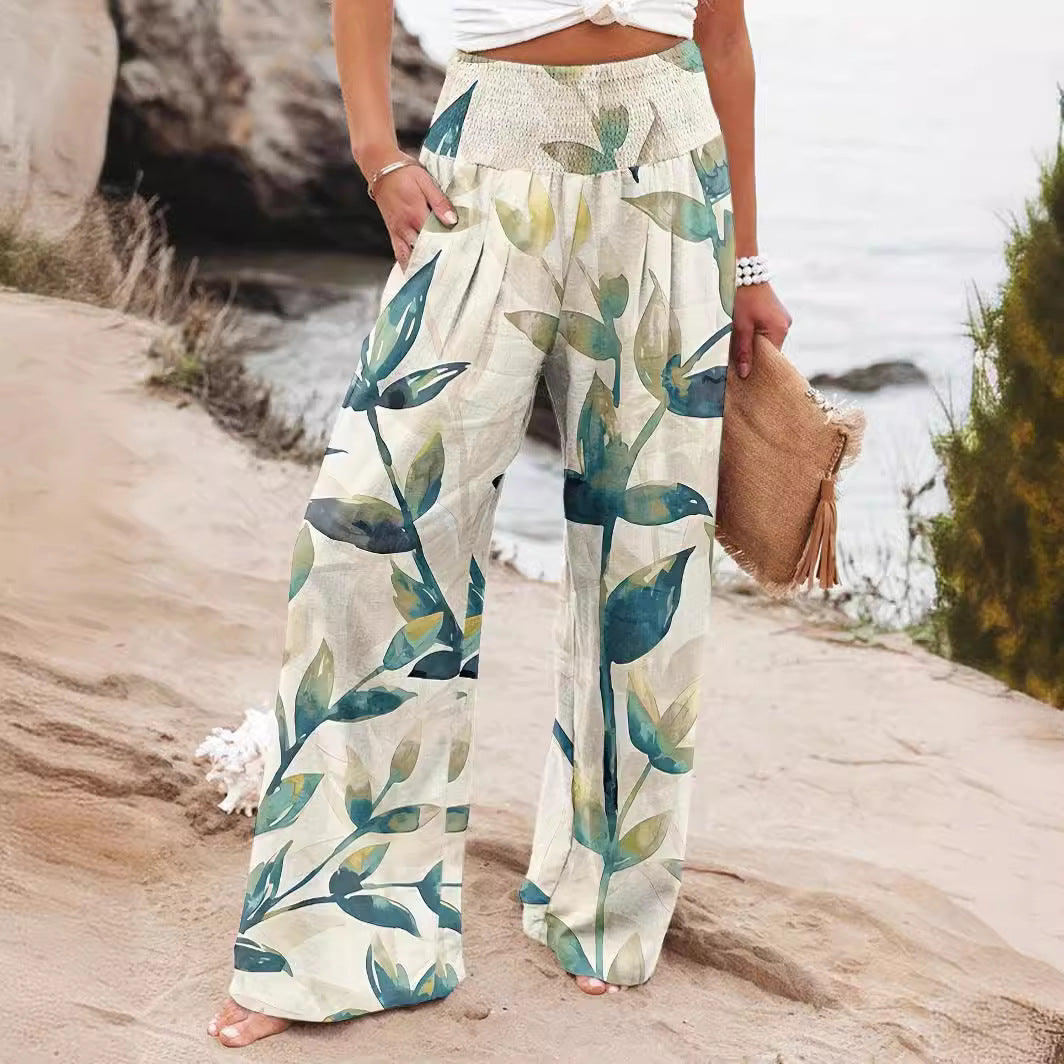 Damen Strandhose Weit Bequem Elastisch Floral