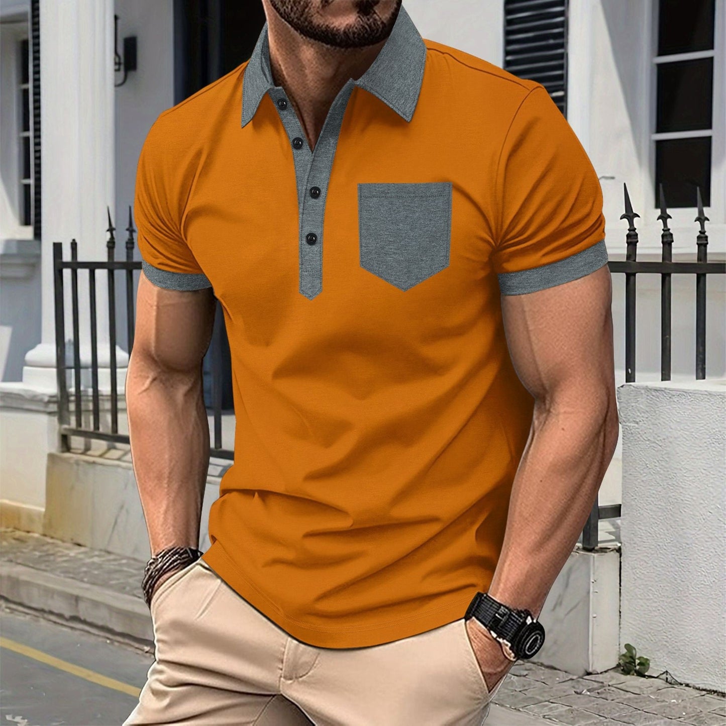 Herren Kurzarmhemd Modern mit Kontrastkragen und Tasche - BerlinGlamour