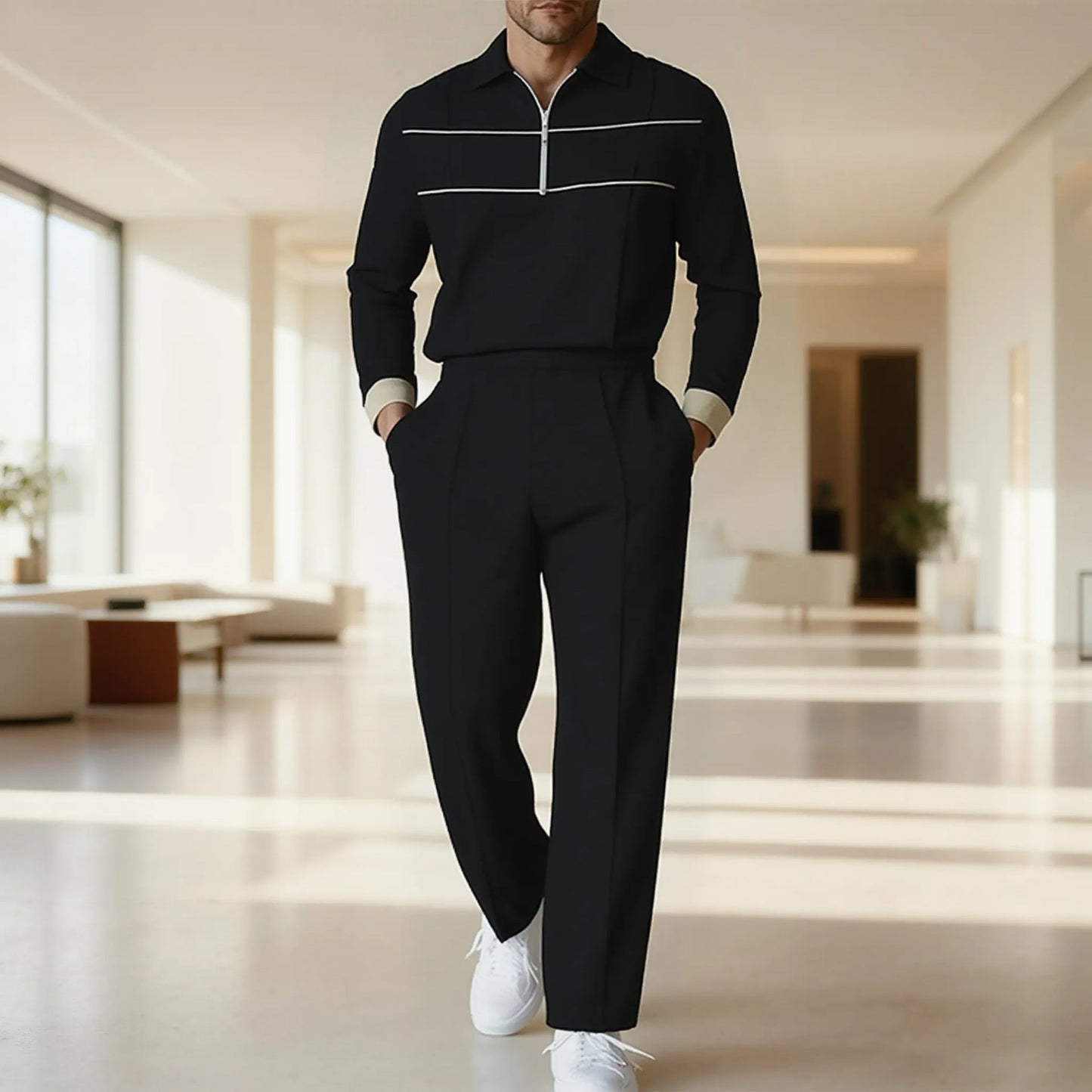 Herren Langarmshirt Modern mit Reißverschluss Blockdesign