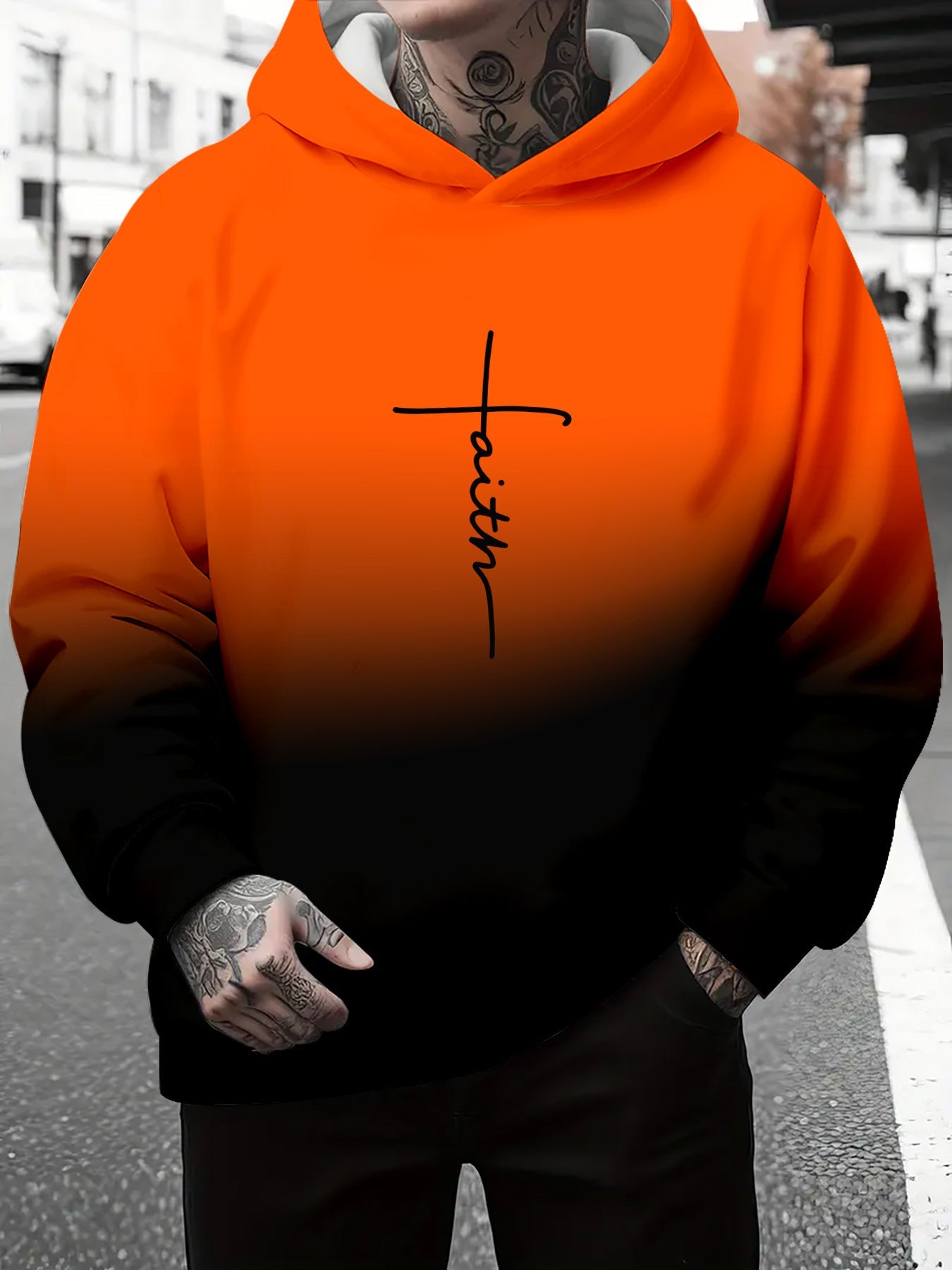 Herren Kapuzenpullover Grau Meliert mit Schriftzug