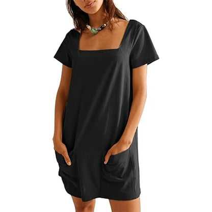 Kurzarmes BerlinGlamour Taschenkleid mit quadratischem Ausschnitt