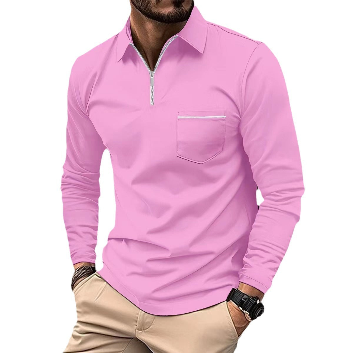 Herren Langarmshirt mit Reißverschluss und Brusttasche Modern