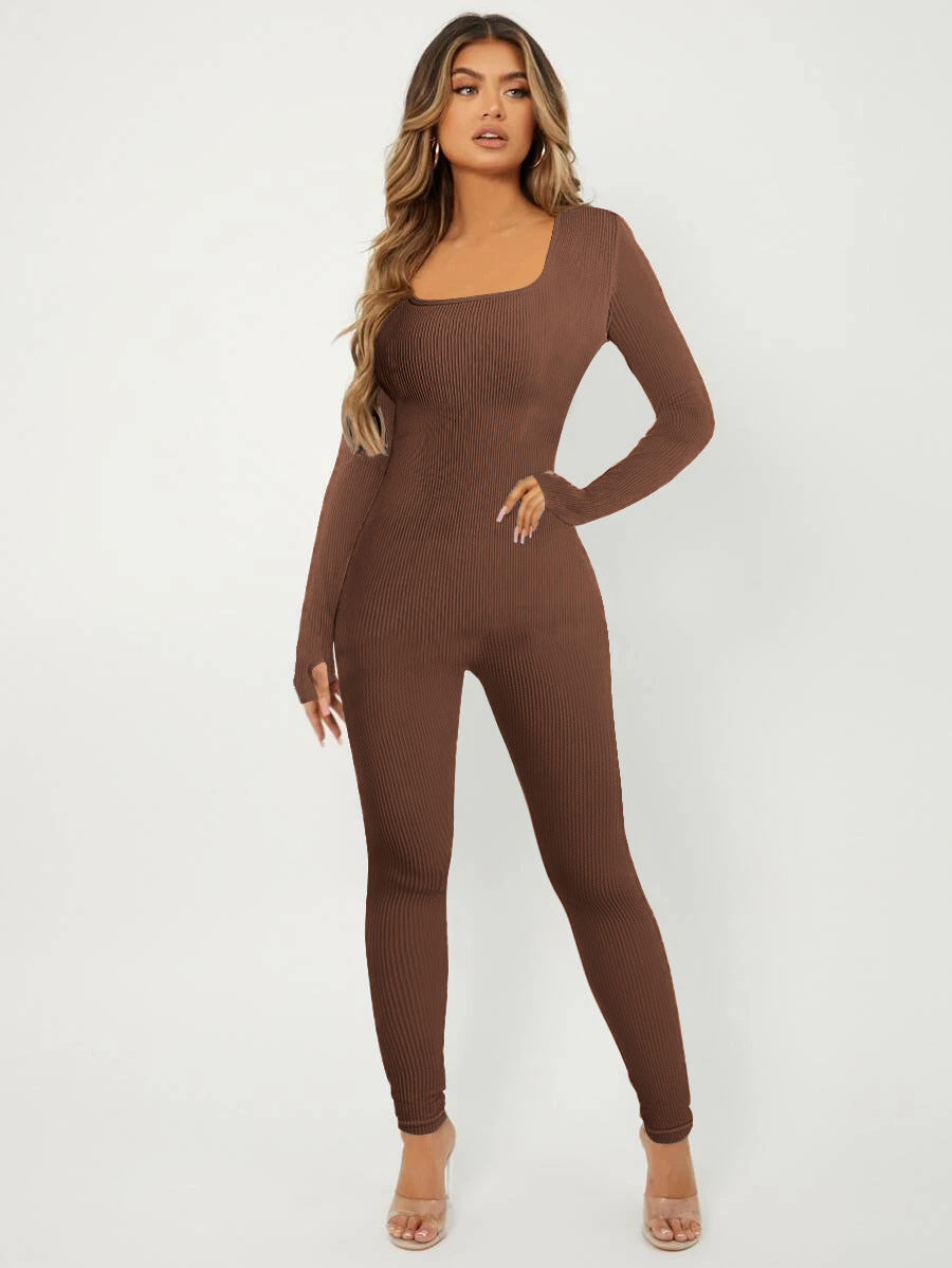 Elegante Damen Jumpsuit Langarm Rippenmuster Chic