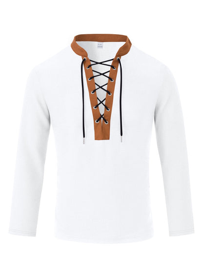 Herren T-Shirt Langarm Modern Schnürung Melange Look