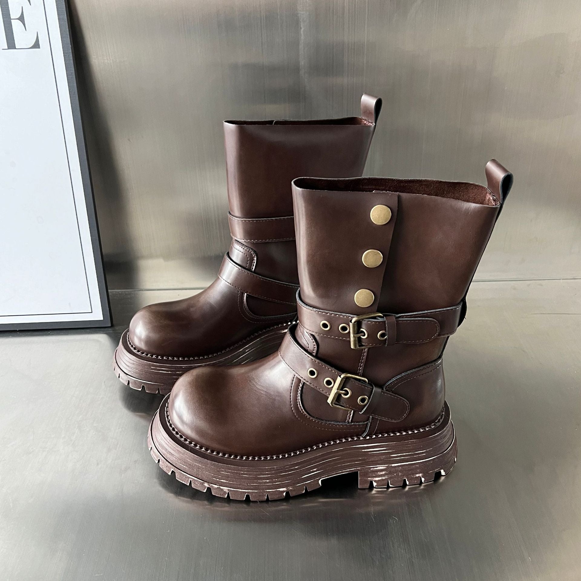Damen Biker-Stiefel Robust Schnallen Schwarz Modisch - BerlinGlamour