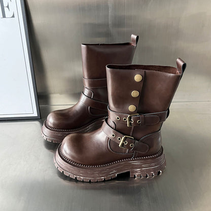 Damen Biker-Stiefel Robust Schnallen Schwarz Modisch - BerlinGlamour