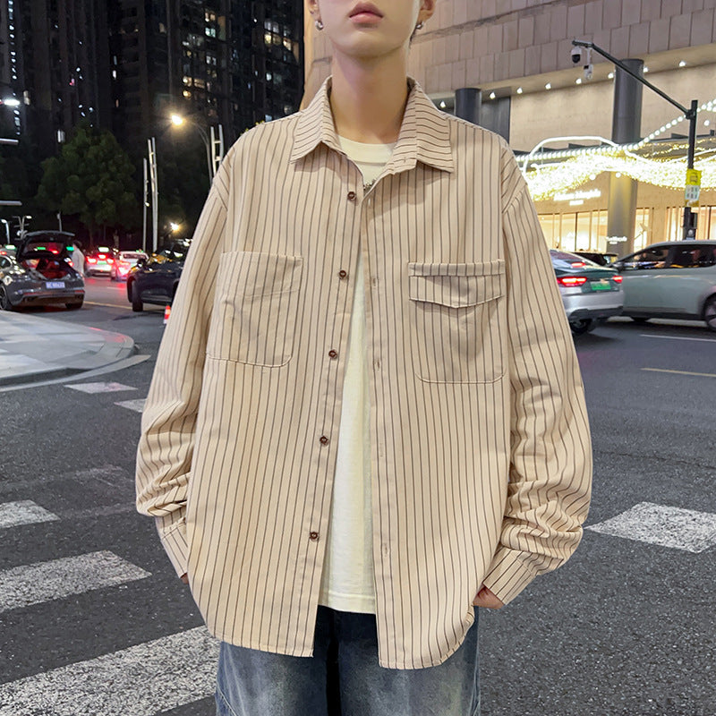 Herren Überhemdjacke Lässig Streifenjacke Mit Taschen