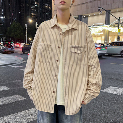 Herren Überhemdjacke Lässig Streifenjacke Mit Taschen