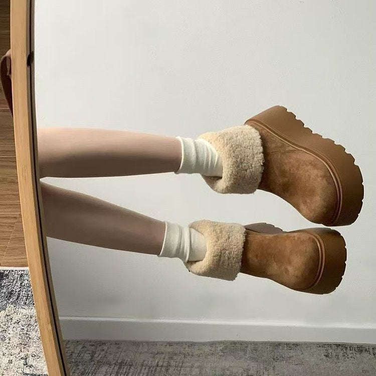 Damen Plateau Stiefel Flauschig mit Plüschkragen Winter