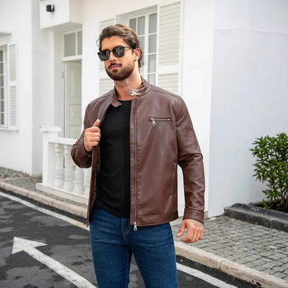 Herren Lederjacke Modern Reißverschluss Schwarz