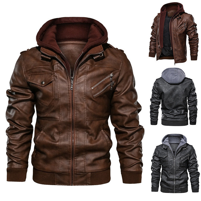 Herren Lederjacke Kunstleder mit Kapuze Reißverschluss Taschen Schwarz - BerlinGlamour