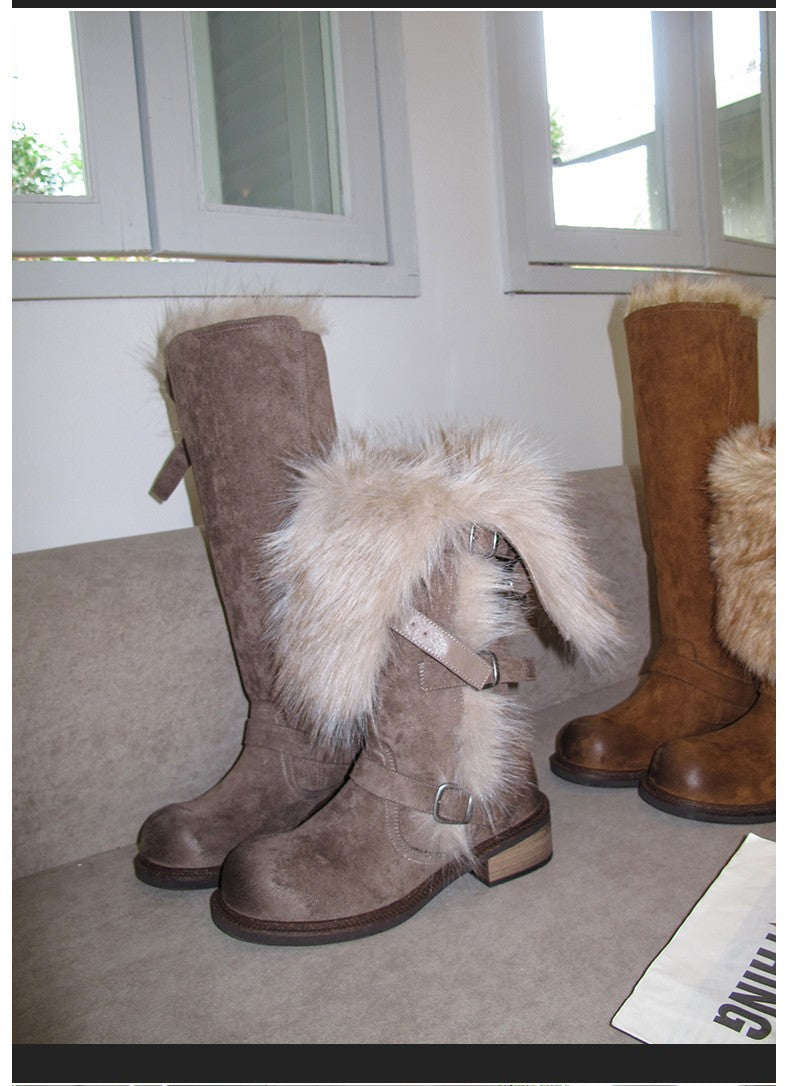 Damen Winterstiefel Elegant Kunstfell Schnallen Warm